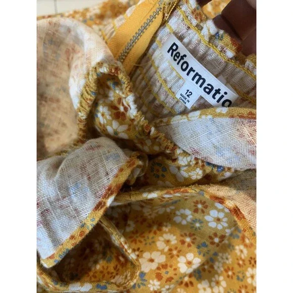 Reformation lucila Dress SZ 12 midi 100% Linen Cottagecore yellow smocked floral - Picture 2 of 16